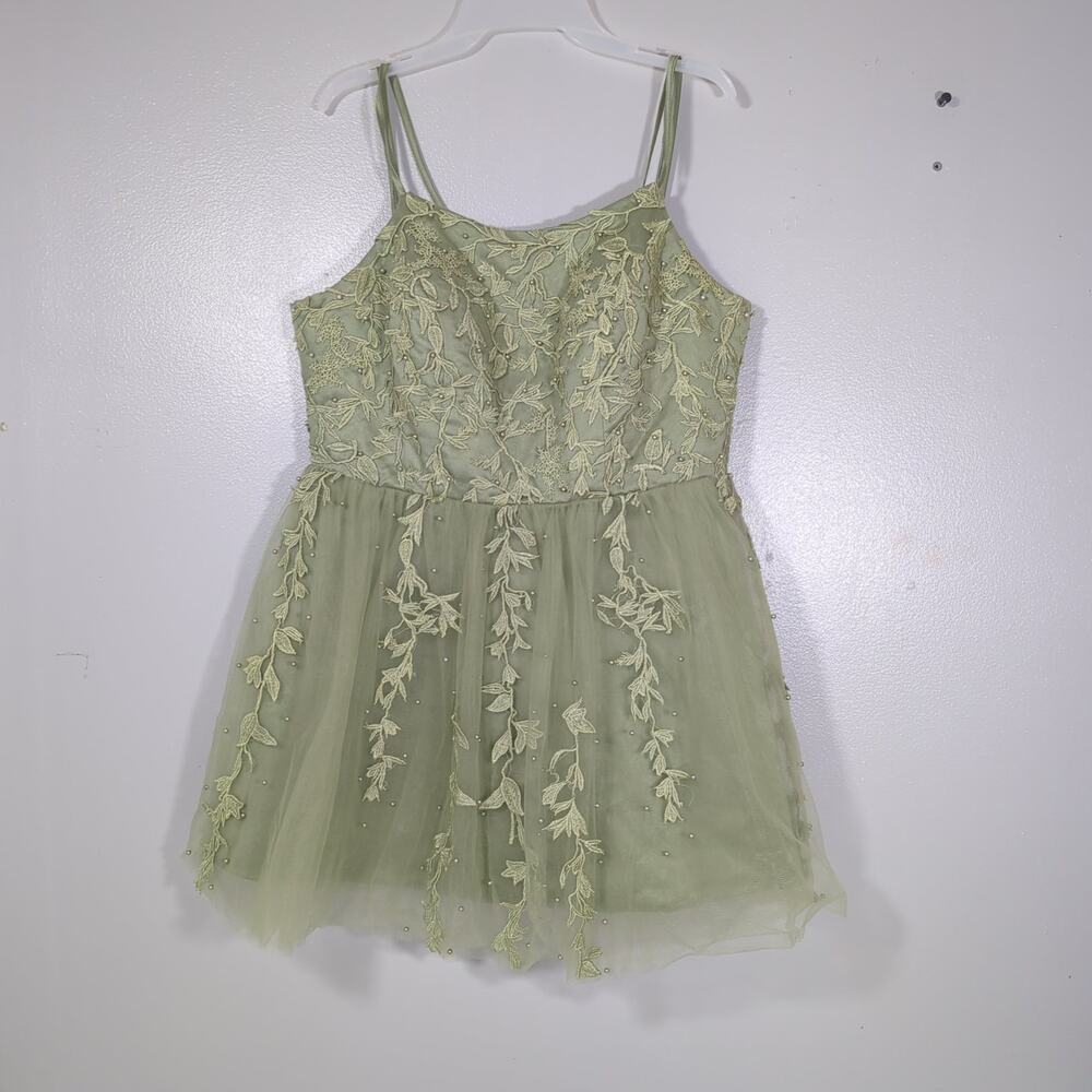 Sage Green Floral Cottagecore Fairycore Coquette Tulle Mini Dress